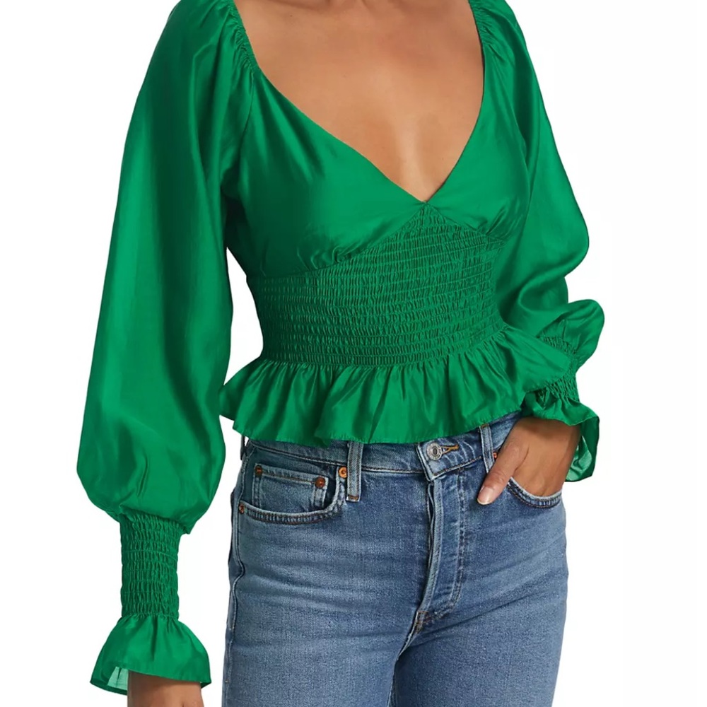 NWOT Wayf Heartbreaker Smocked Blouse in Pine Green